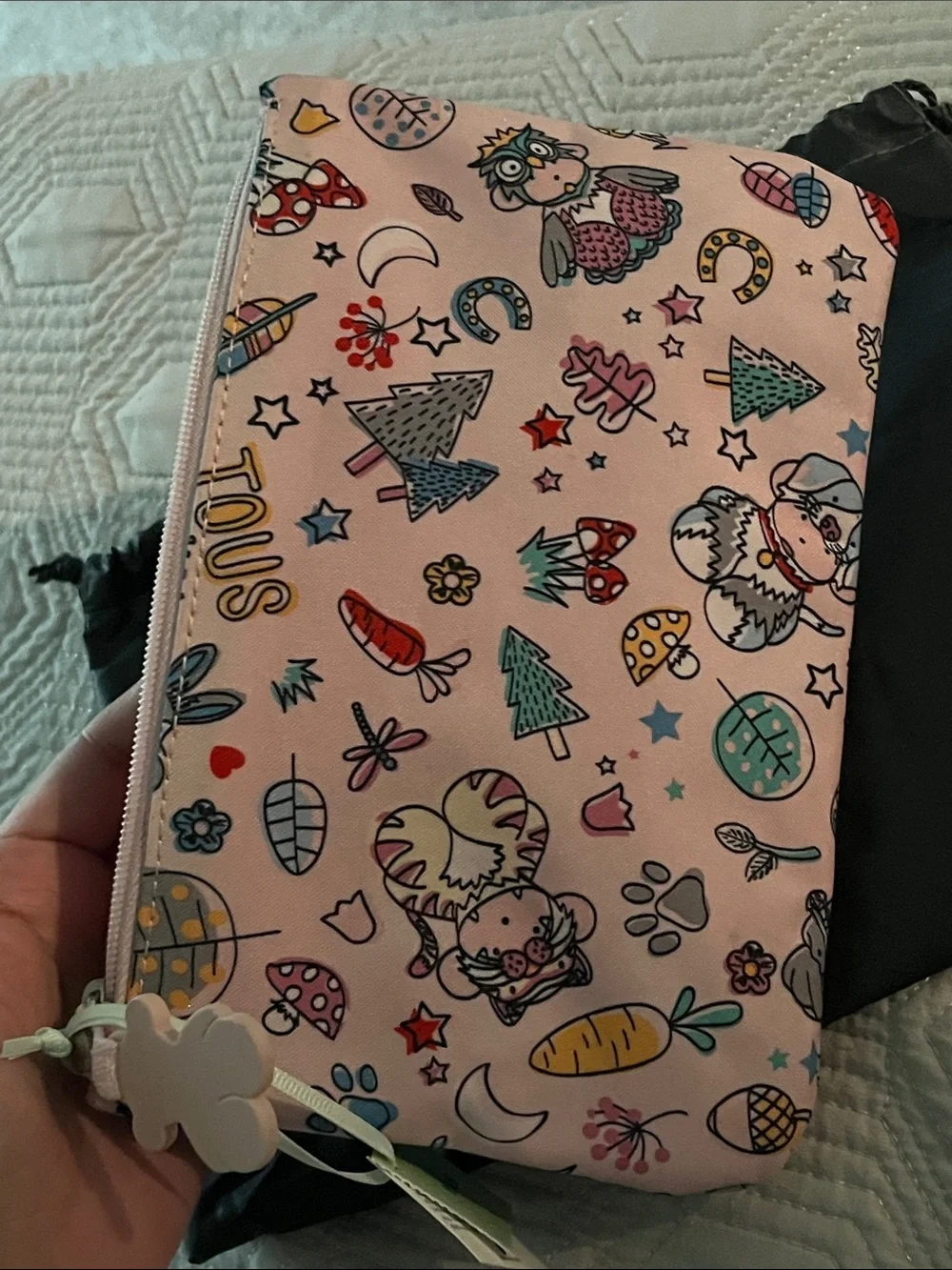 TOUS Pink Printed Zip Cosmetic Pouch with Playful Motifs